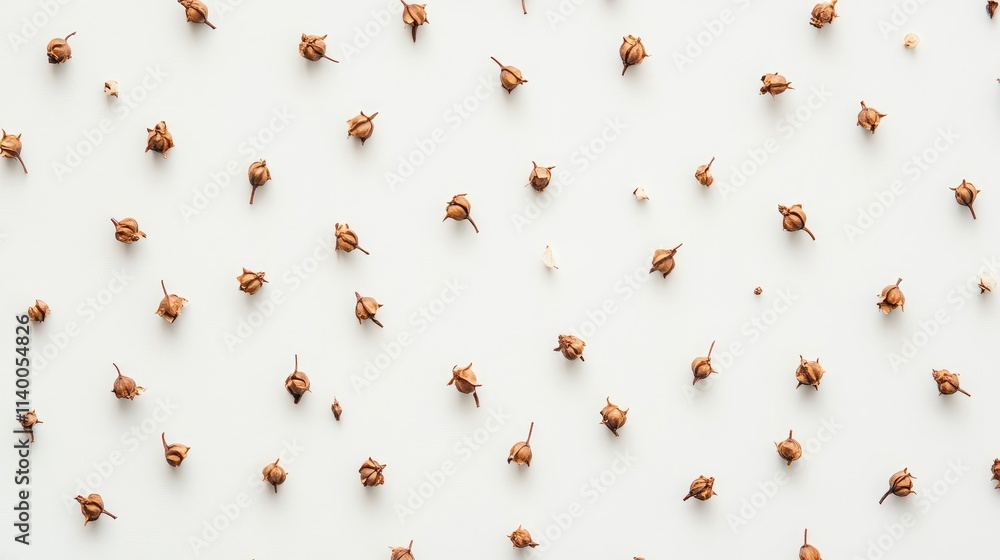 Poster cloves arranged on a white background showcasing their unique texture and shape perfect for culinary