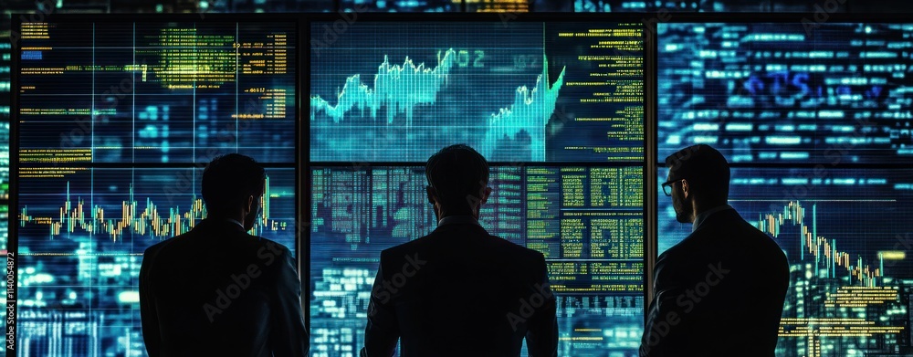 Poster Three professionals observing financial data on large screens in a modern office setting.