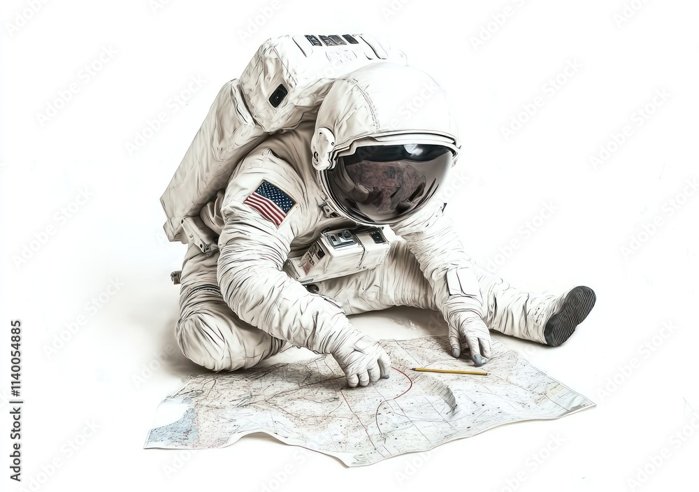 Aufkleber an astronaut studying a map on the ground, exploring unknown terrain.