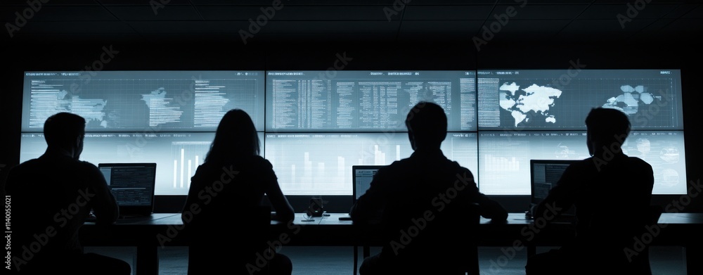 Poster A team monitors data on screens in a dark room, focusing on analytics and information.