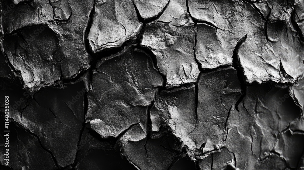 Poster dramatic close-up of cracked textured surface showcasing intricate patterns and shadows in monochrom