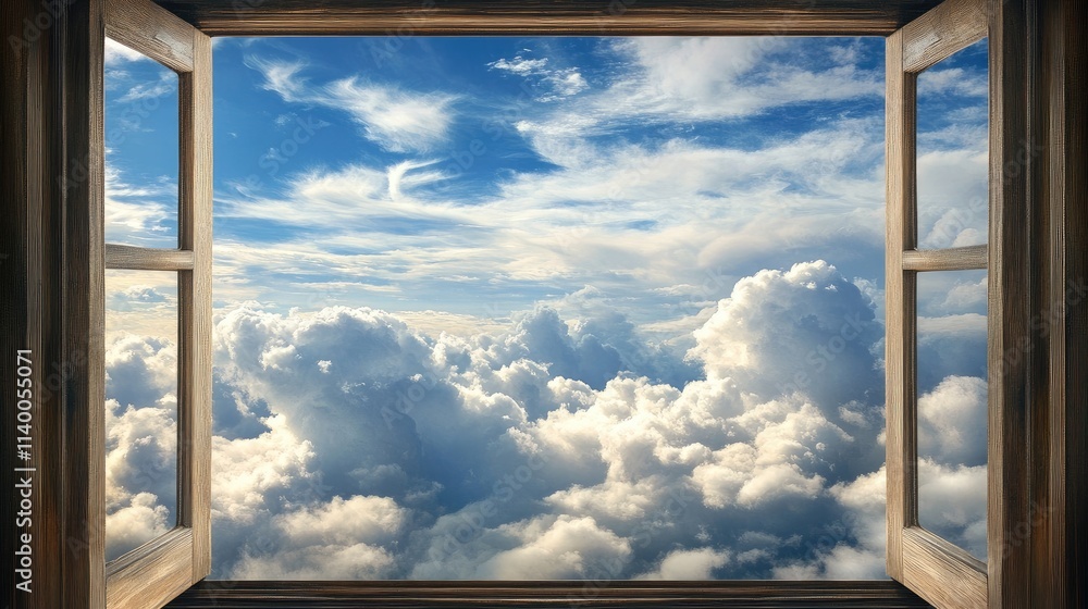 Poster serene cloudscape viewed through open window on a clear day with blue sky and fluffy white clouds