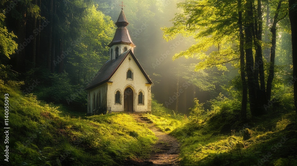 Poster serene forest church nestled in lush greenery with soft sunlight streaming through trees creating a 