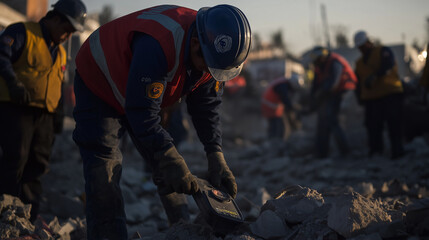 Fototapeta premium Search team meticulously sifting through debris and rubble, demonstrating unwavering dedication and teamwork in the face of challenging circumstances.