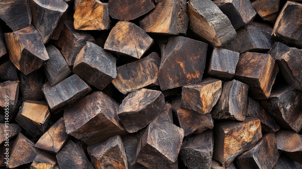 Poster textured background of dark wooden chunks stacked, showcasing natural patterns and tones for rustic 