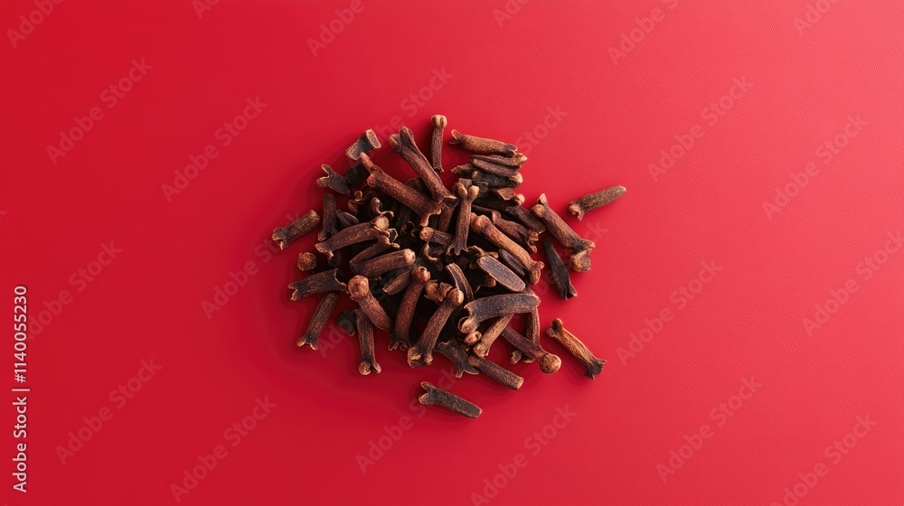 Poster dried cloves arranged on a vibrant red background highlighting their unique shape and texture for cu