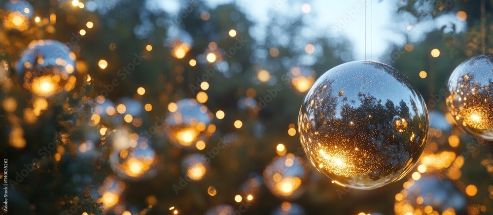 Aufkleber close up of shimmering tree ornaments with warm golden lights creating a festive atmosphere in a nat