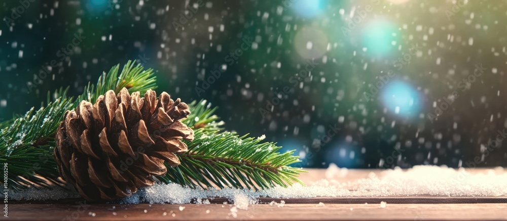 Poster pine cone and evergreen branch on wooden table with snowflakes creating a festive atmosphere and cop