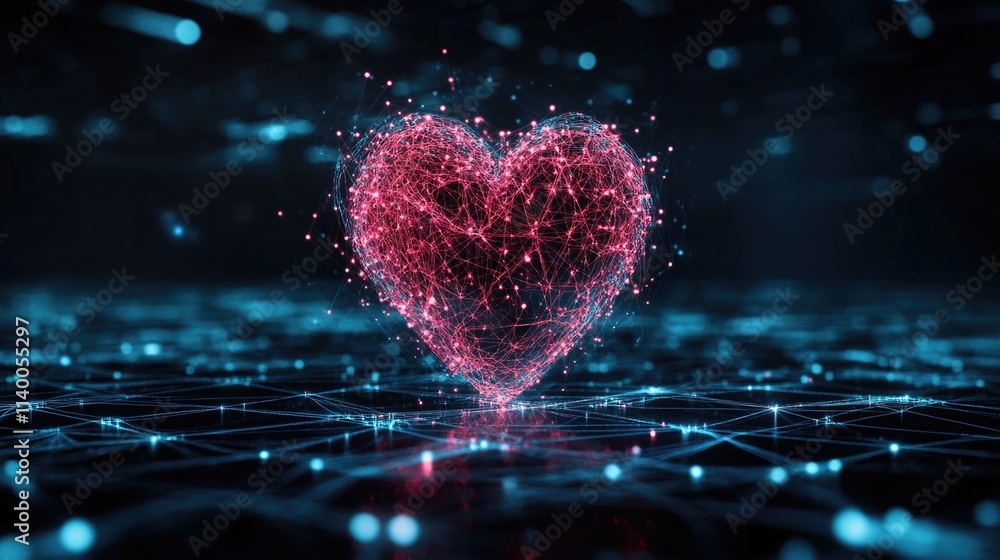 Aufkleber digital heart composed of glowing red particles in a networked space