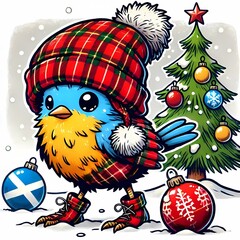 Adorable Christmas illustration with a cute blue bird wearing a red checkered hat and boots standing in the snow next to a decorated Christmas tree and Christmas balls.