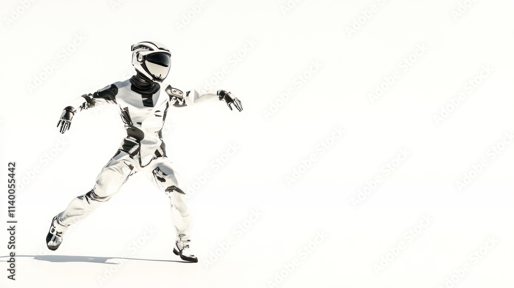 Fototapete A futuristic humanoid robot in a dynamic pose against a minimalistic background.