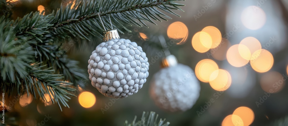 Poster christmas ornaments on fir tree branches with blurred bokeh lights creating a festive background and