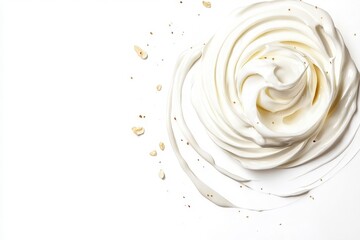 Fototapeta premium Creamy Whipped Topping Swirled on a White Surface with a Few Flakes of Nuts for Culinary Inspiration and Food Presentation Ideas