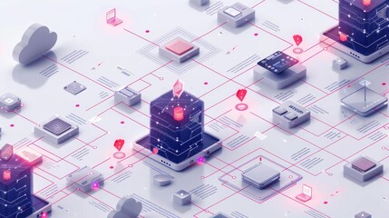 Intricate network of interconnected digital devices and data servers, visualized in a 3D isometric style