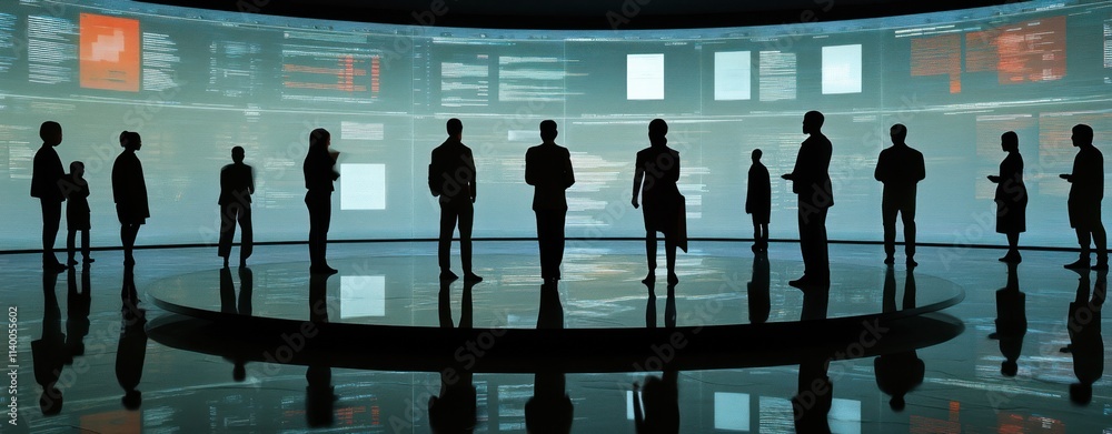 Poster silhouetted figures in a high-tech environment, suggesting a business or technology setting.