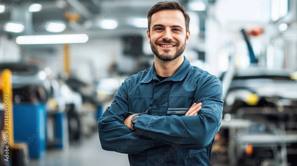Poster a smiling mechanic in a workshop, showcasing confidence and professionalism.