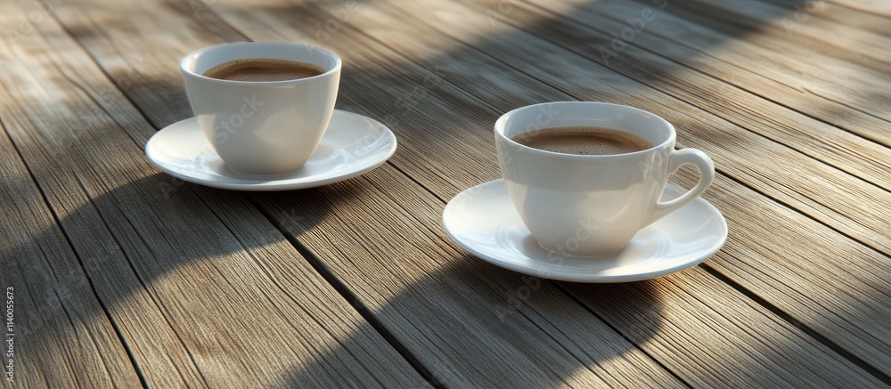 Aufkleber cups of coffee with saucers resting on a rustic wooden floor creating a cozy and inviting atmosphere