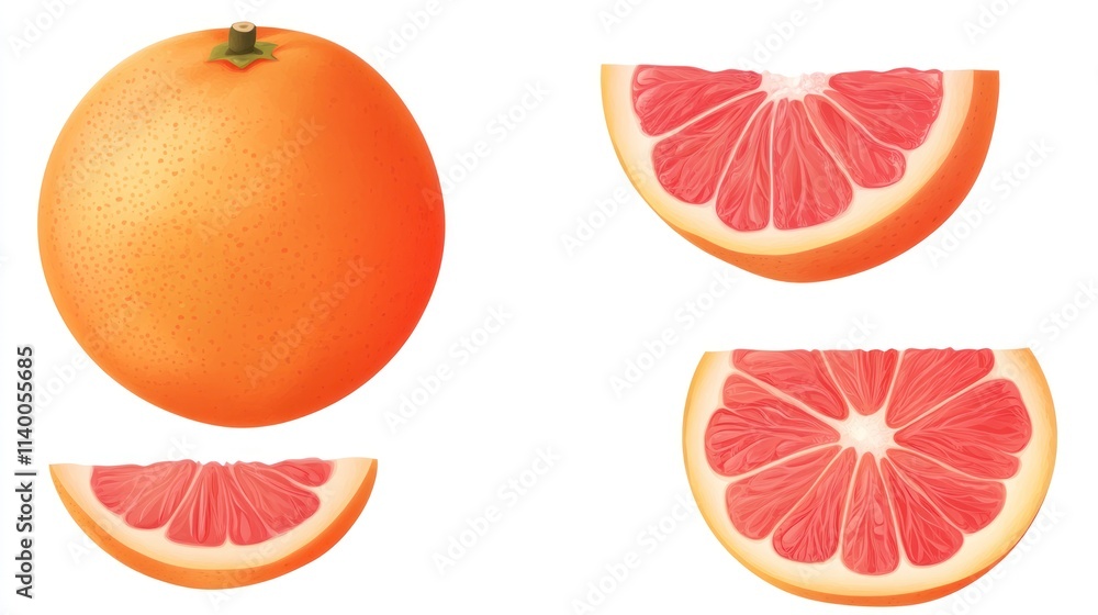 Poster a visual representation of an orange and grapefruit, showcasing their segments and textures.
