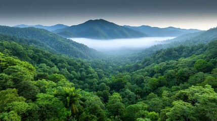 Fototapeta premium Lush Rainforest Landscape Sunrise over Misty Mountains