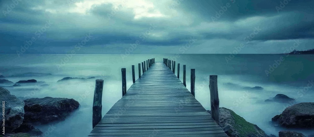 Poster tranquil seaside jetty extending into calm waters under a moody sky with gentle waves and rocky shor