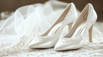 Elegant White Bridal High Heels with Intricate Lace Detailing