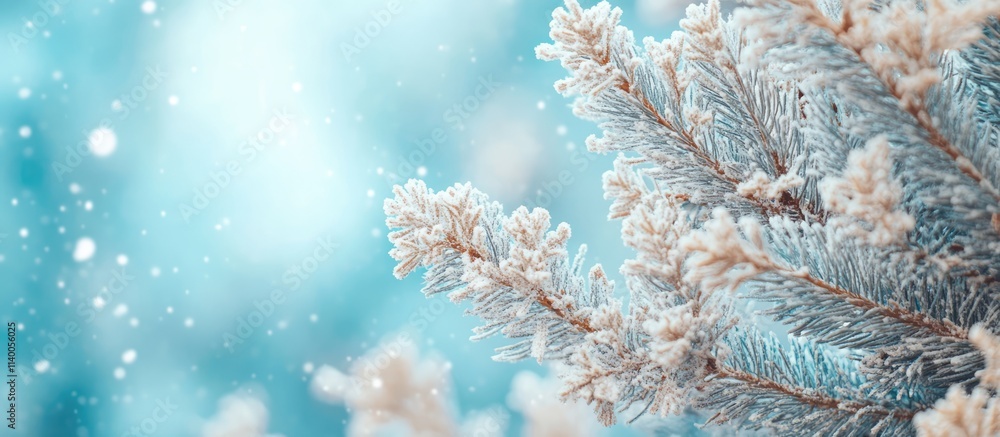 Poster winter forest scene with frosted pine branches on a soft cyan background creating a serene atmospher