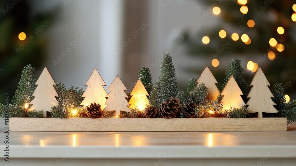 Poster wooden christmas decoration with coniferous branches and lights creating a festive atmosphere on a t