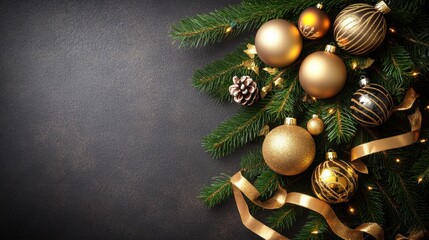 Christmas Background Luxurious Christmas Decoration with Golden Ornaments and Pine Branches on a Dark Background