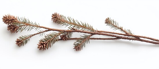 Closeup of indoor spruce twigs showcasing pine cones and greenery on a clean white background for seasonal decor or botanical themes