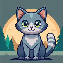 Fototapeta premium Cute little grey cat with white stripes in cartoon style sitting straight with forest and green trees on the background sunset