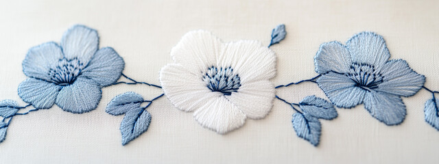 A clean and simple embroidery of minimalist floral outlines in soft blue thread on a white canvas
