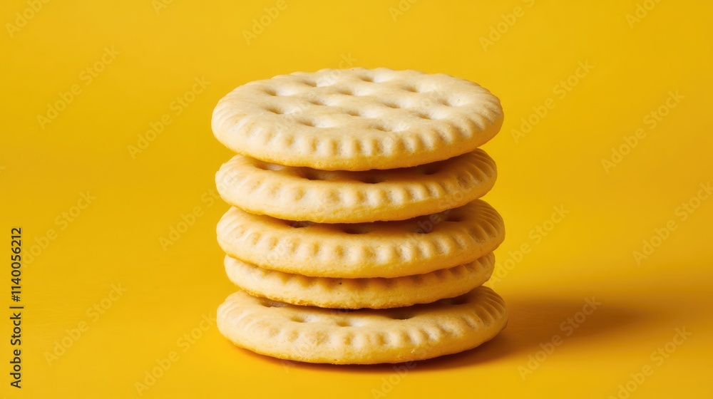 Poster stacked light yellow crackers arranged in three appealing rows against a vibrant yellow background i