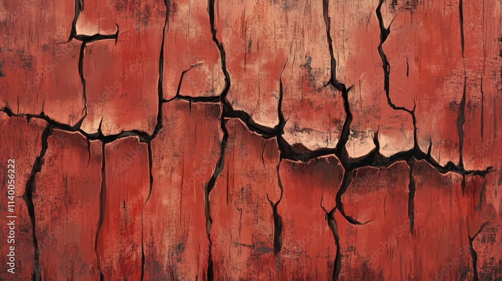 Poster red cracked wood texture background with deep fissures and weathered appearance ideal for rustic des