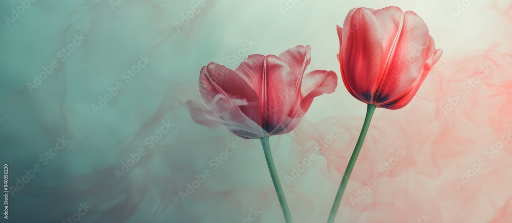 Poster aerial view of vibrant pink tulips on a soft background with ample negative space for text or brandi