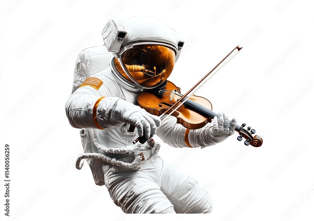 Poster an astronaut playing the violin in space, blending music and exploration.