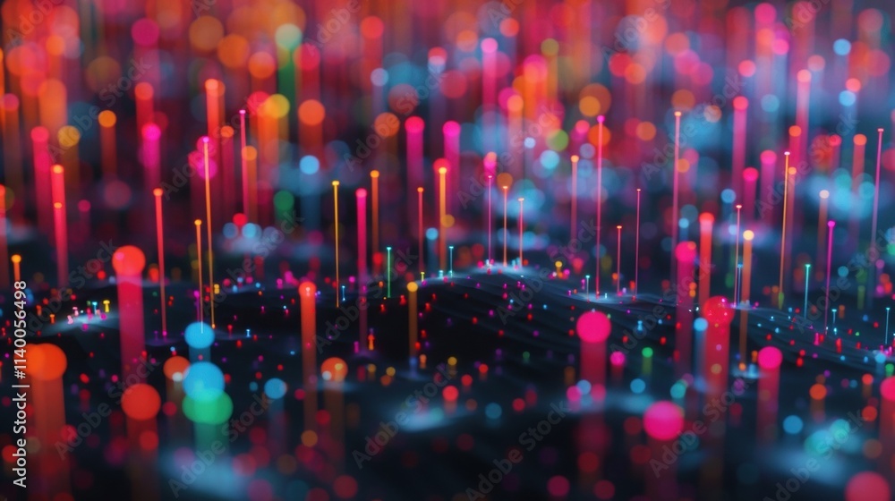 Poster colorful particles are flowing and connecting in a big data visualization, representing the complex 