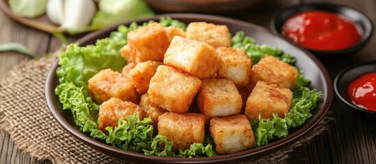 Fototapeta premium Crispy Fried Tofu Served on Fresh Greens with Traditional Sauces in Rustic Setting