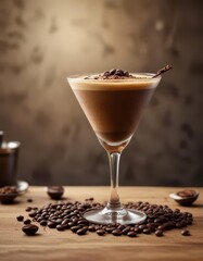 Aromatic espresso martini, coffee beans garnish,  ice,  caffeine,  vodka