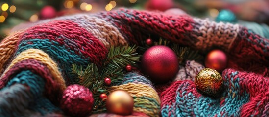 Obraz premium Vibrant knitted blanket adorned with Christmas ornaments and garland creating a cozy festive atmosphere
