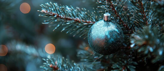 Sparkling blue bauble hanging on a Christmas tree branch with bokeh lights creating a festive and tranquil holiday atmosphere