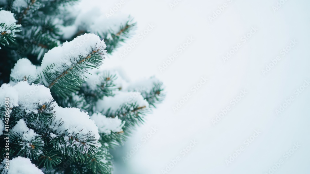 Aufkleber winter scene featuring a snow-covered christmas tree branch with a soft white background creating a 