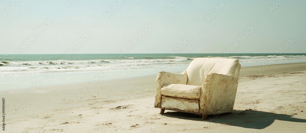 Poster abandoned armchair on a serene beach setting with calm ocean waves and clear sky in the background c