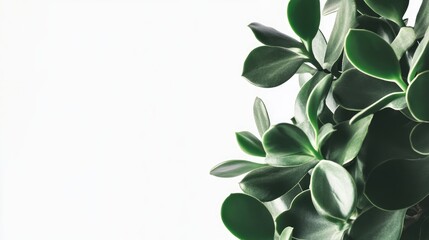 Crassula plant leaves close-up on a clean white background showcasing vibrant green foliage and elegant aesthetics for interior decor.