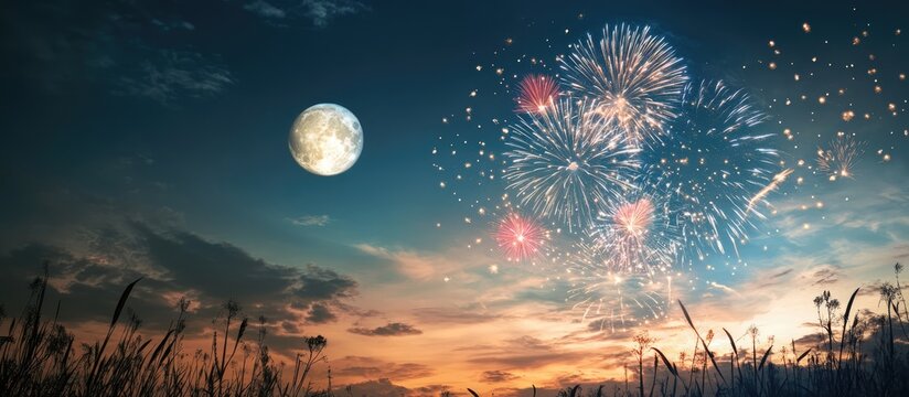 Fireworks display under a luminous full moon at dusk creating a festive atmosphere in a serene landscape
