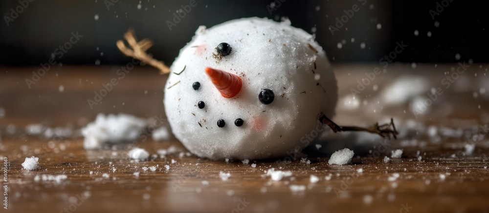 Poster charming close-up of a playful snowman partially lying on a rustic wooden table surrounded by softly