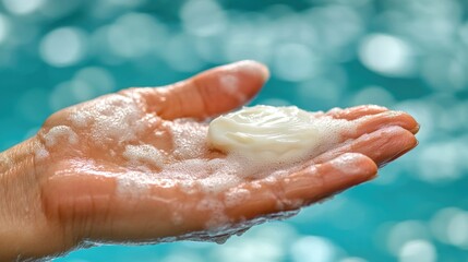 Fototapeta premium Caucasian woman's hand holding soap in bubbly water