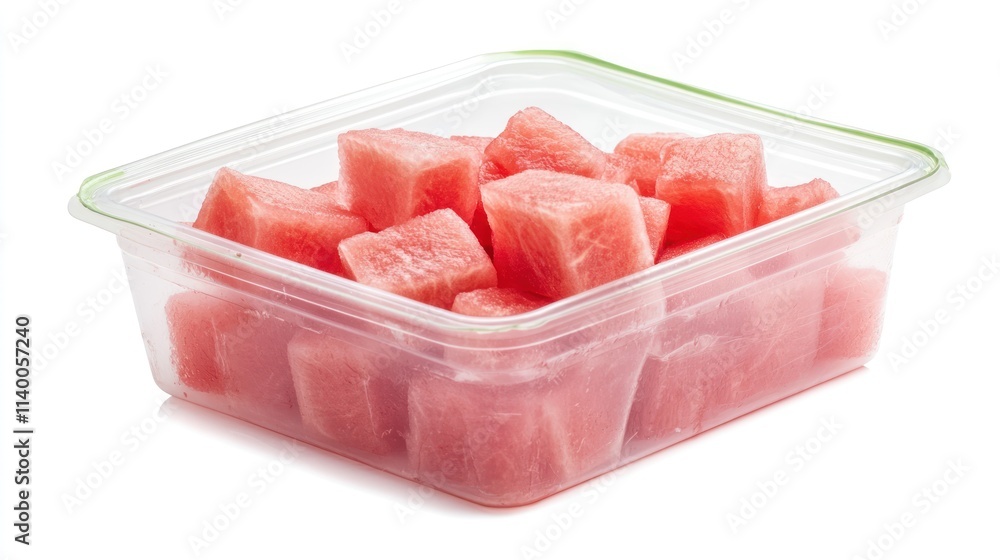 Poster a clear container filled with neatly cut watermelon cubes.