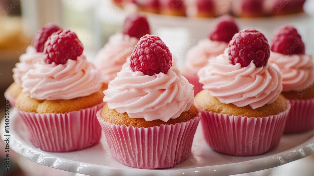 Poster raspberry topped cupcakes with pink frosting elegantly displayed on a tiered stand in a festive sett