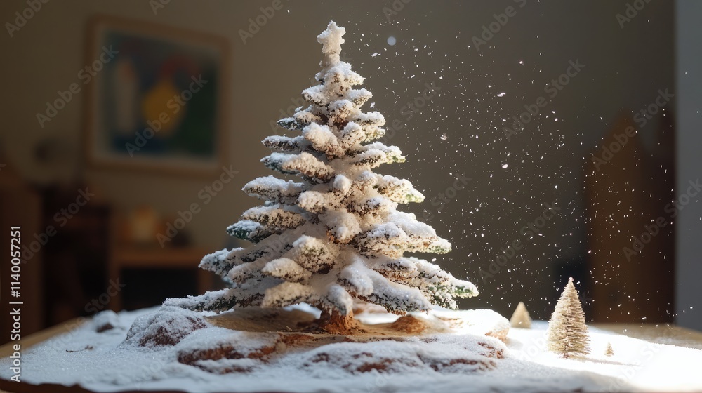 Poster christmas tree covered in snow with decorative elements and soft snowfall creating a whimsical winte