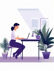 office illustration Woman Working on Laptop in a Bright Indoor Environment